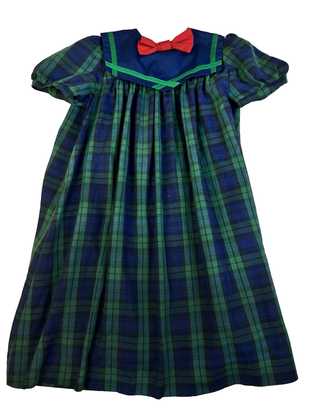 VIntage 80's petite gamine Plaid Dress Girls 6 Green Blue Plaid School Preppy
